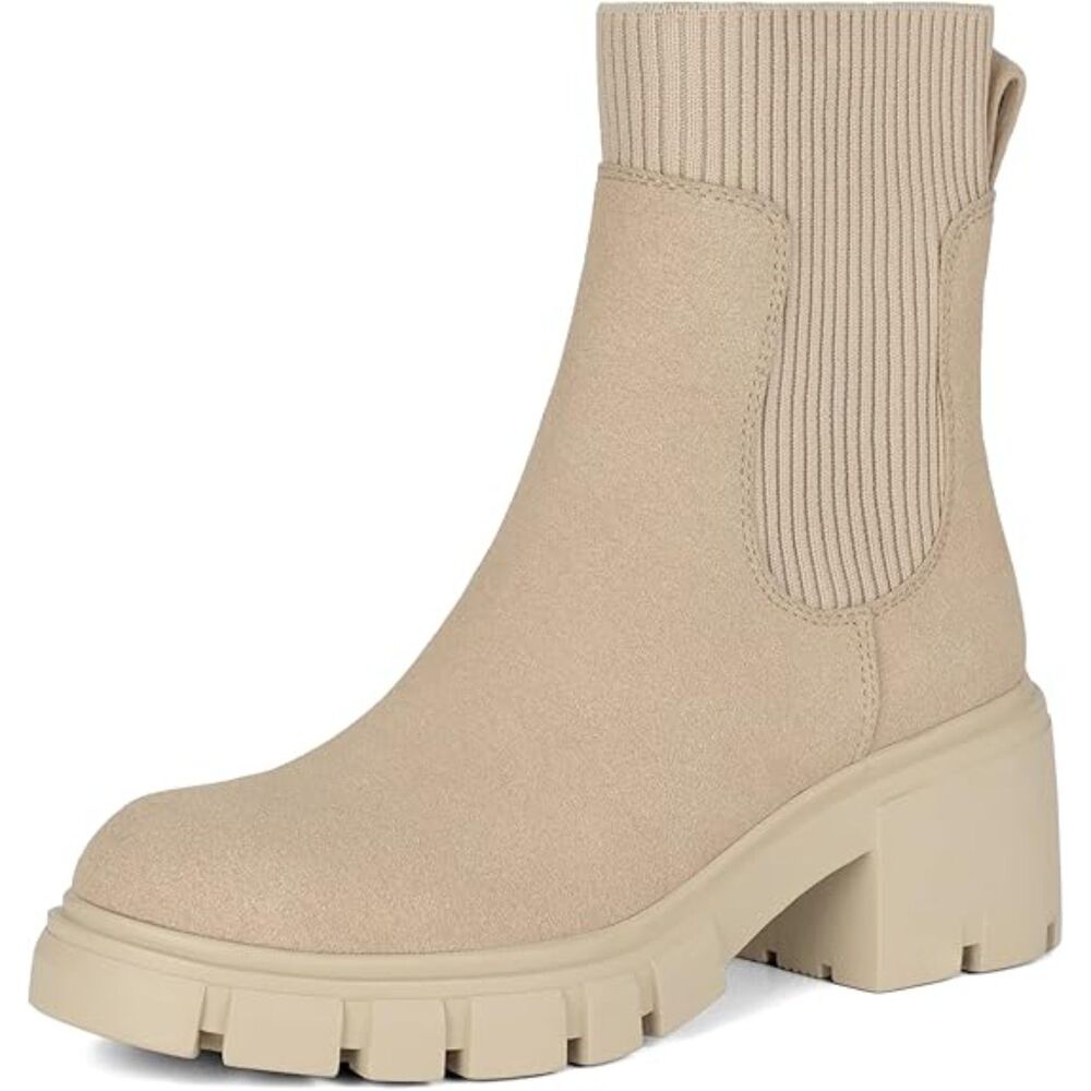 Women's Nude Lug Sole Round Toe elastic knit band Chunky Ankle Casual Boots
